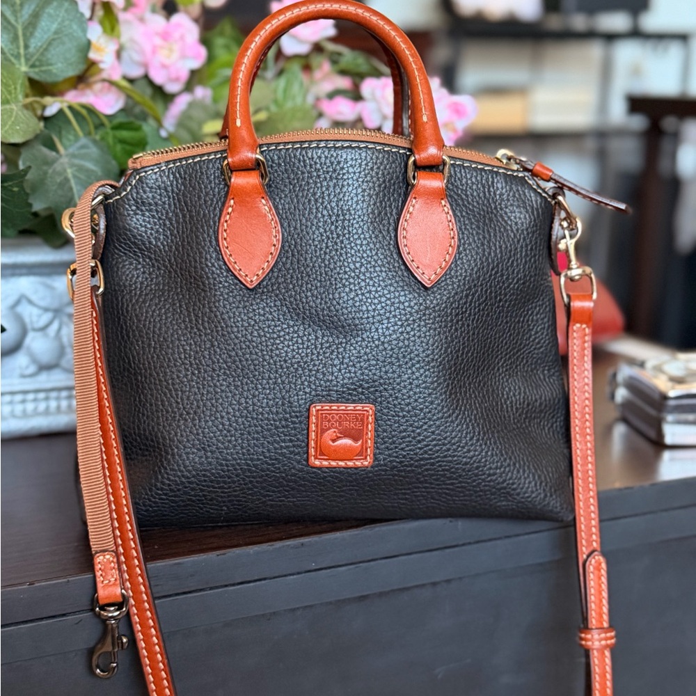 Dooney & Bourke Black Pebble Leather Satchel with Brown Trim